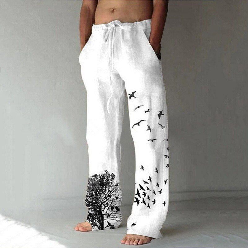 Men'S Baggy Cotton Linen Pants Casual Pockets Wide Leg Pant Full Length Drawstring Men plus Size Loose Vintage Pants Streetwear