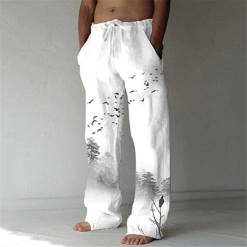 Men'S Baggy Cotton Linen Pants Casual Pockets Wide Leg Pant Full Length Drawstring Men plus Size Loose Vintage Pants Streetwear