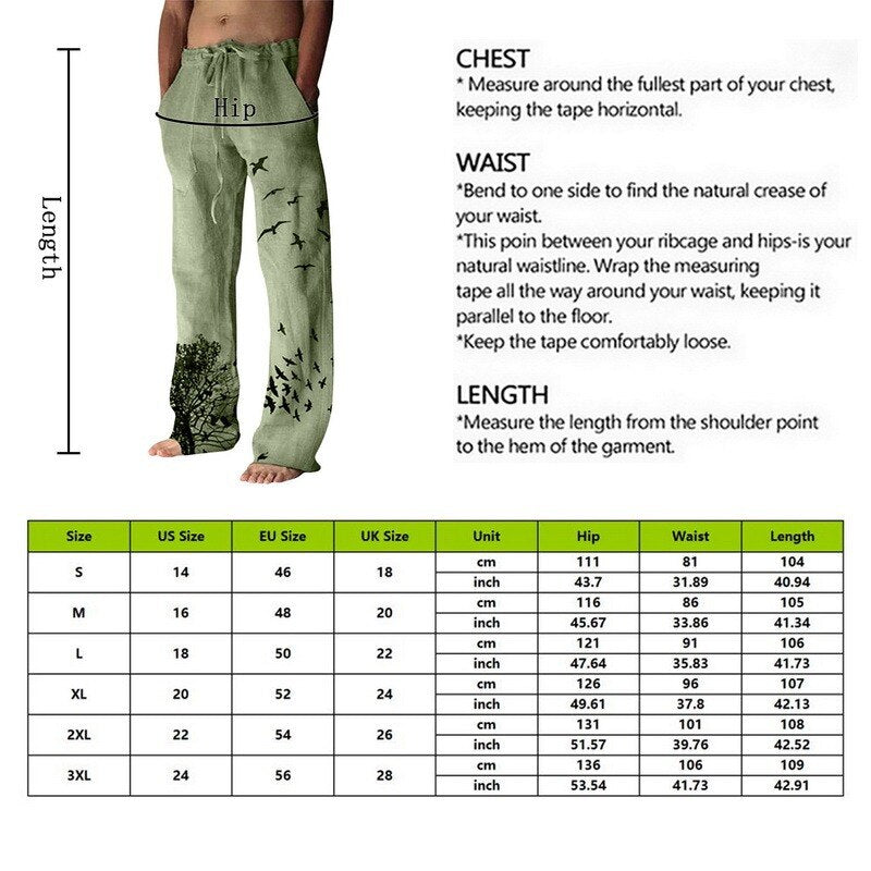 Men'S Baggy Cotton Linen Pants Casual Pockets Wide Leg Pant Full Length Drawstring Men plus Size Loose Vintage Pants Streetwear