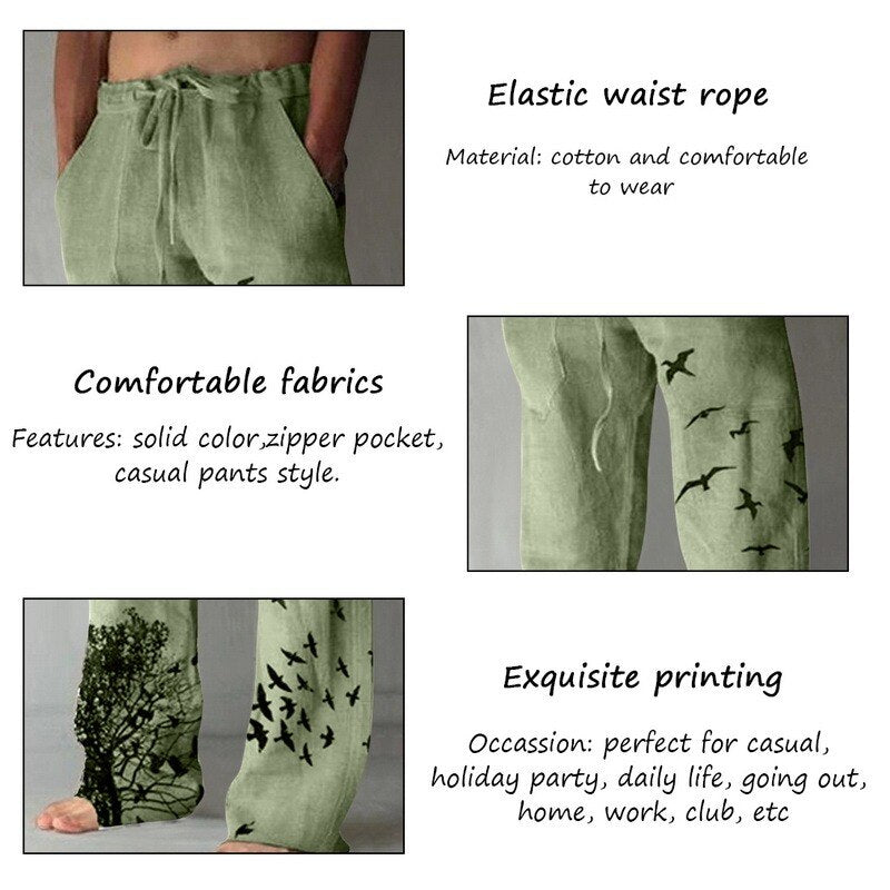Men'S Baggy Cotton Linen Pants Casual Pockets Wide Leg Pant Full Length Drawstring Men plus Size Loose Vintage Pants Streetwear