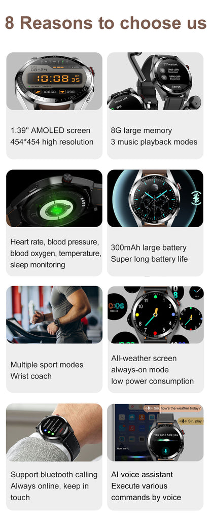 2024 Zwatch 454*454 AMOLED Curved 1.39 Inch Screen, Built-In Microphone and HD Speakers, Always On Display, 8GB Local Music, With Bluetooth Earphones Compatibility