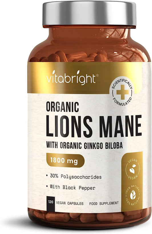Organic Lions Mane Mushroom Complex with Ginkgo Biloba and Black Pepper - 1800Mg per Capsule - 12:1 Extract Ratio - 120 Capsules (4 Month Supply) - Made in UK by