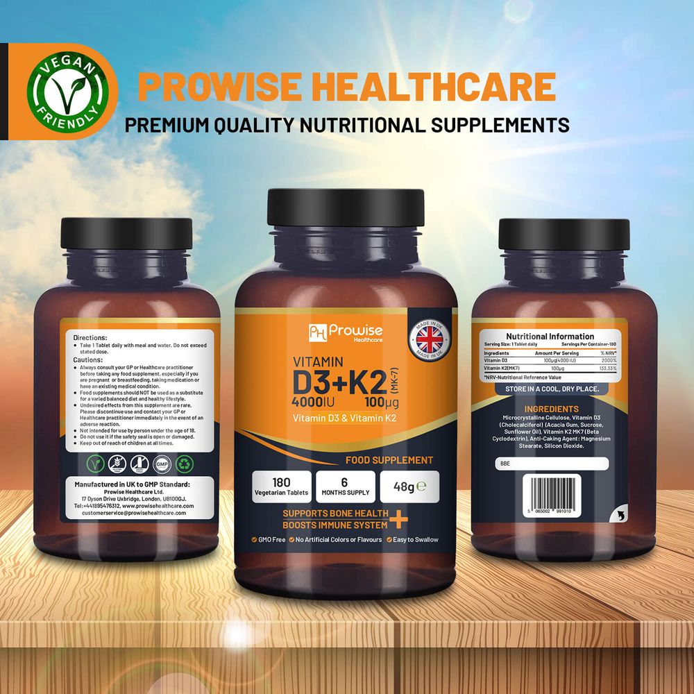 Vitamin D3 4000IU & K2 MK7 100µg Vegetarian Tablets I 180 (6 Months Supply) I Easy to Swallow Supplement for Immune Support, Calcium Boost, Bone & Muscle I Made in The UK by Prowise Healthcare