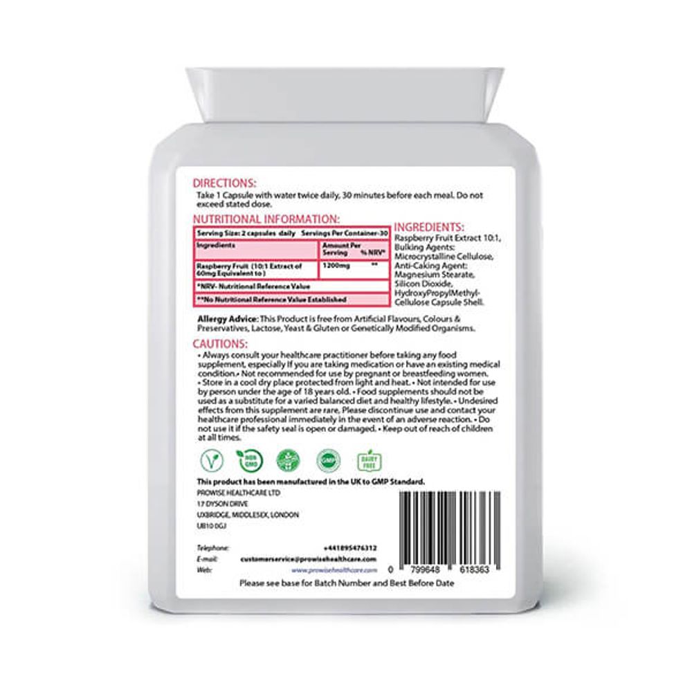 Raspberry Fruit Extract 1200mg - 60 Capsules x 2 Pack - UK Manufactured | GMP Standards by Prowise Healthcare