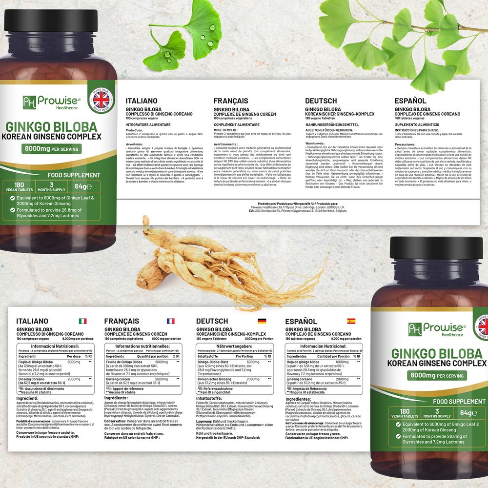 Ginkgo Biloba and Korean Ginseng Tablets 8000mg 180 Vegan Tablets by Prowise
