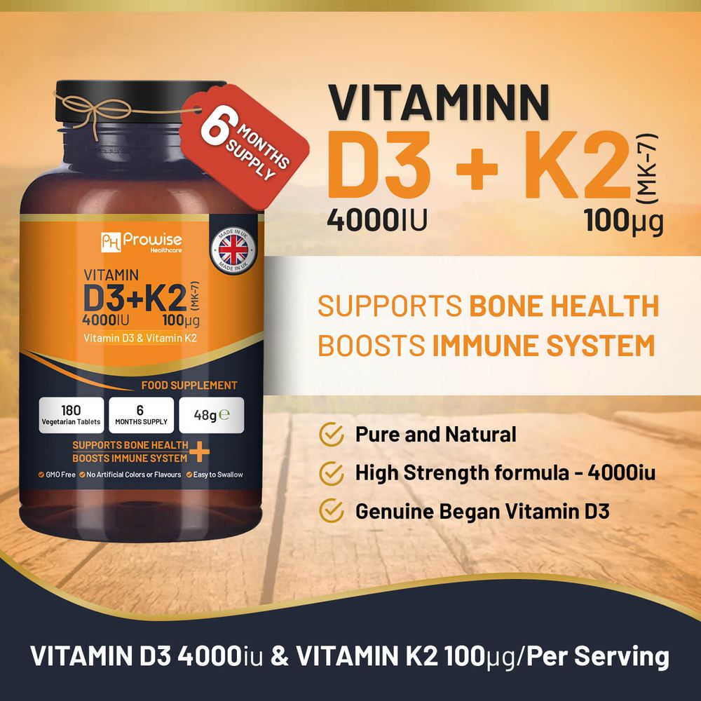 Vitamin D3 4000IU & K2 MK7 100µg Vegetarian Tablets I 180 (6 Months Supply) I Easy to Swallow Supplement for Immune Support, Calcium Boost, Bone & Muscle I Made in The UK by Prowise Healthcare