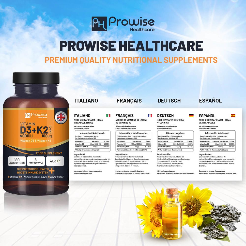 Vitamin D3 4000IU & K2 MK7 100µg Vegetarian Tablets I 180 (6 Months Supply) I Easy to Swallow Supplement for Immune Support, Calcium Boost, Bone & Muscle I Made in The UK by Prowise Healthcare
