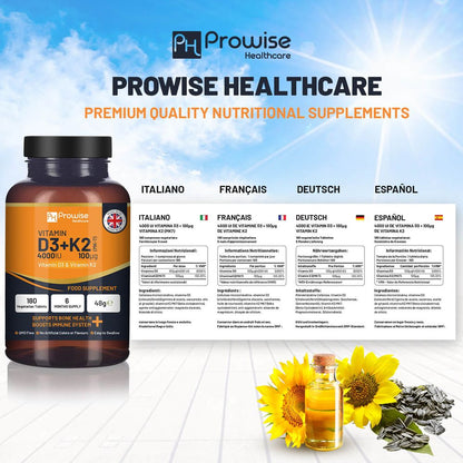 Vitamin D3 4000IU & K2 MK7 100µg Vegetarian Tablets I 180 (6 Months Supply) I Easy to Swallow Supplement for Immune Support, Calcium Boost, Bone & Muscle I Made in The UK by Prowise Healthcare